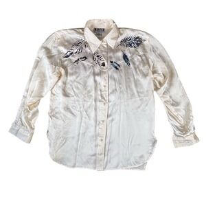 Wanted Women's XS White Silk‎ Embroidered Feather Button-Up Shirt